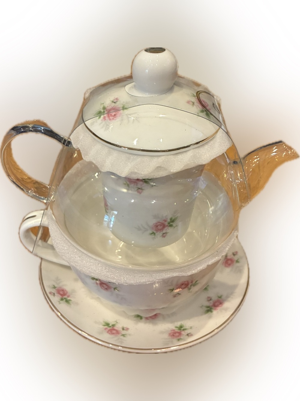 Floral Porcelain Tea-for-One Set with Glass Teapot - Pink Rose